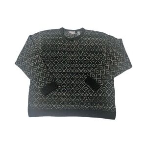 Lord & Taylor Mens 2XL Chunky Geometric Soft Black Gray Crewneck Sweater
